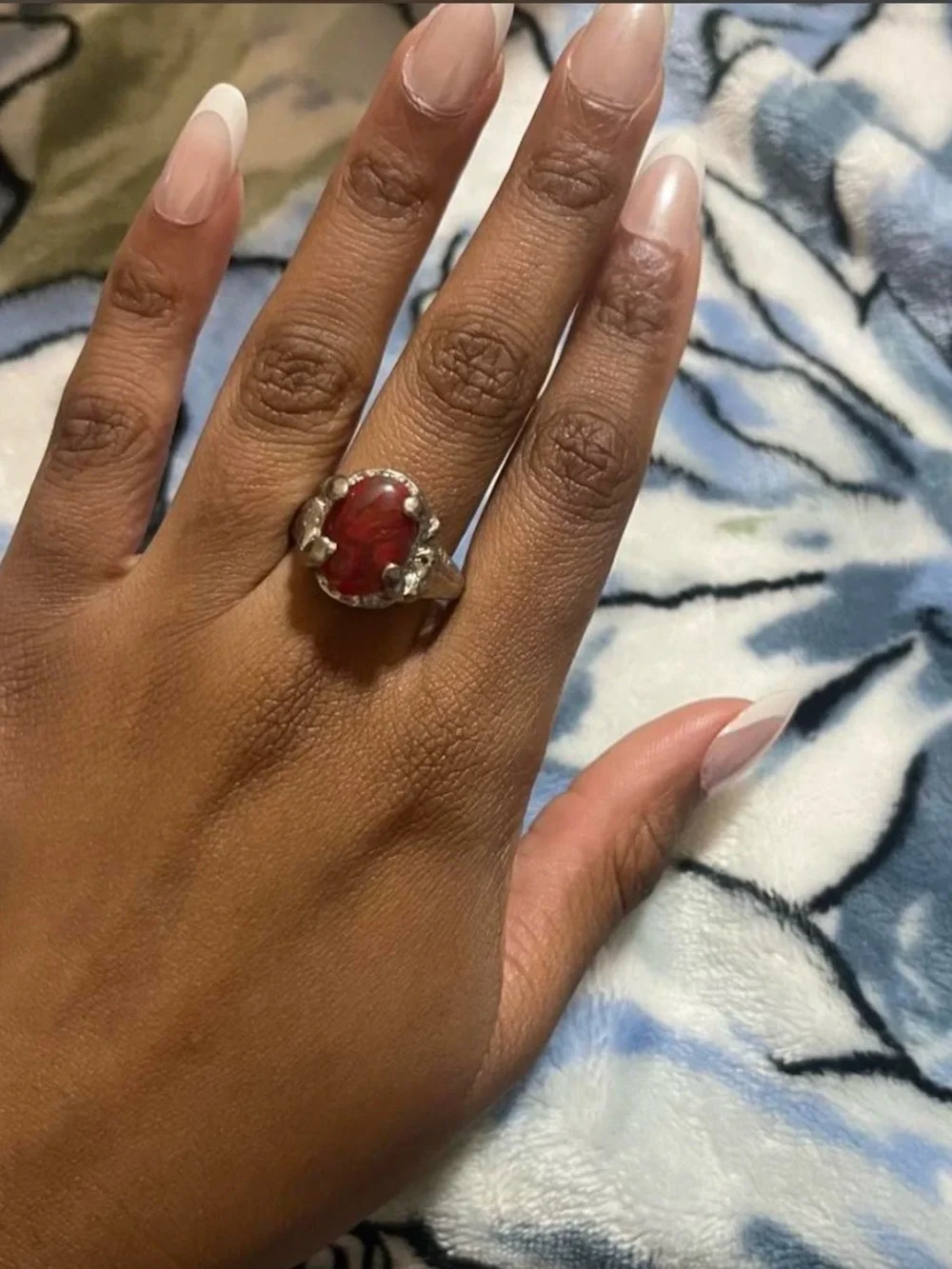 Sterling Silver Ring with Deep Red Oval Stone